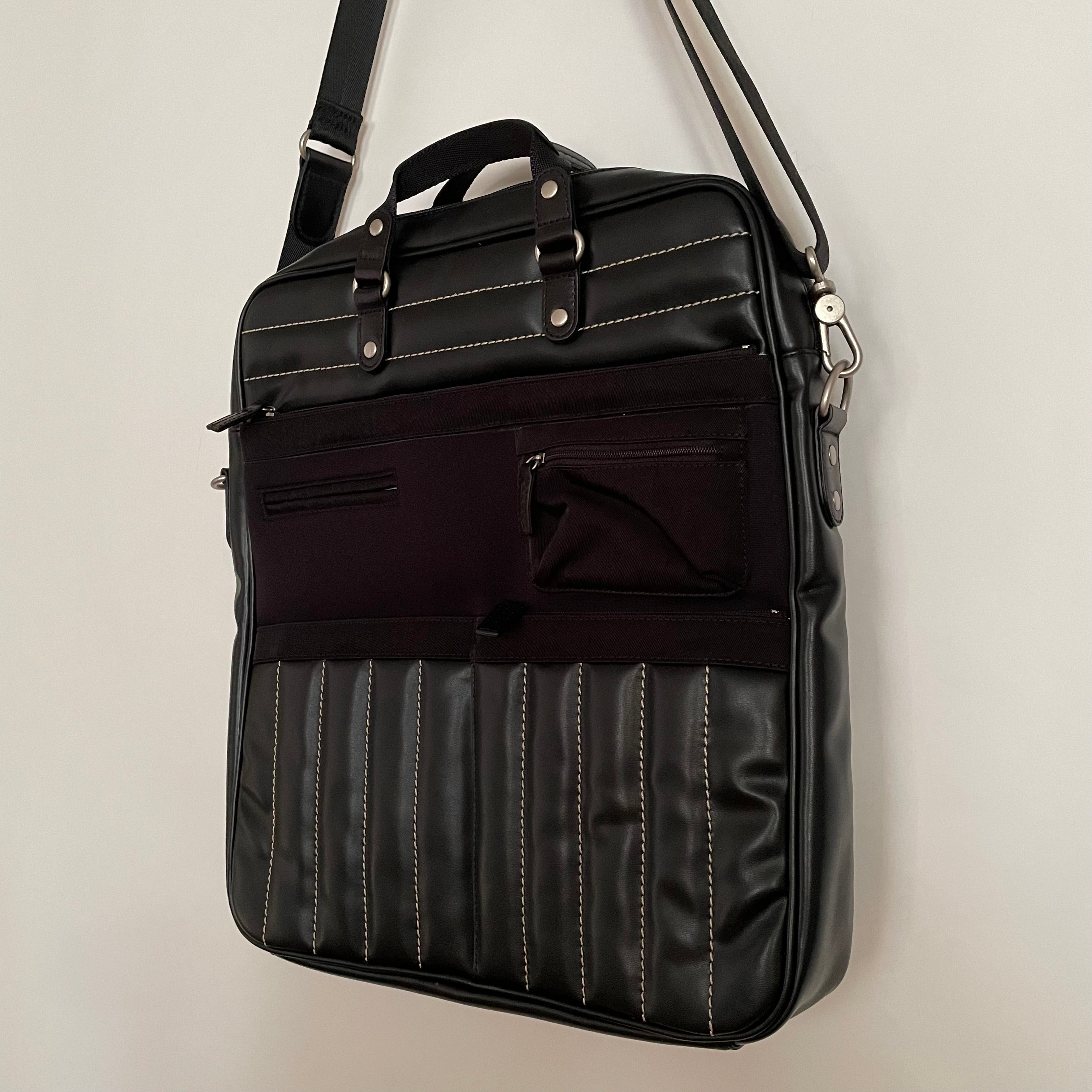 Premium Collection | Tall Vegan Leather x Nylon x Leather Handles Briefcase with Stripe Stitch Accents | Black x White